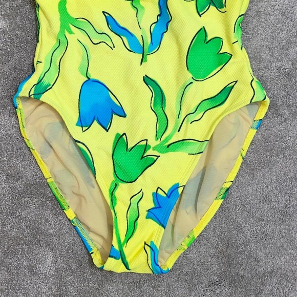 L 12 VTG La Blanca One Piece Textured Low Back Neon Bright Flower Print Swimsuit - Picture 6 of 9